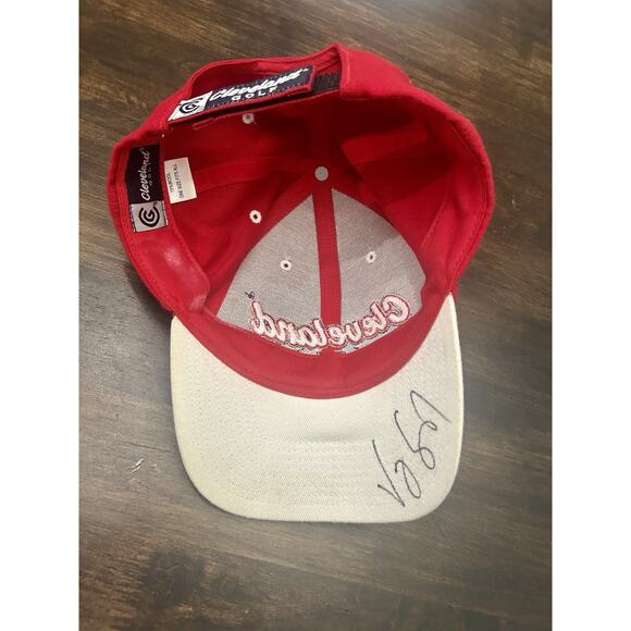 Vintage Red Cleveland Golf Strapback Hat Wool Mens Autographed VJ Singh Beige - Picture 1 of 4